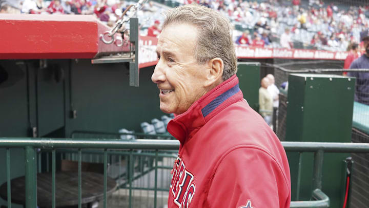 May 24, 2023; Anaheim, California, USA; Los Angeles Angels owner Arte Moreno reacts during the game against the Boston Red Sox  at Angel Stadium. Mandatory Credit: Kirby Lee-Imagn Images