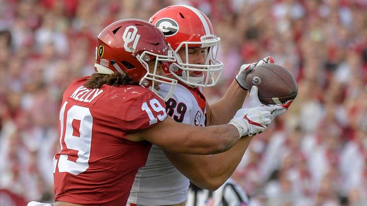 Georgia football TE Charlie Woerner is defended by Oklahoma LB Caleb Kelly. Georgia football TE Charlie Woerner is defended by Oklahoma LB Caleb Kelly.