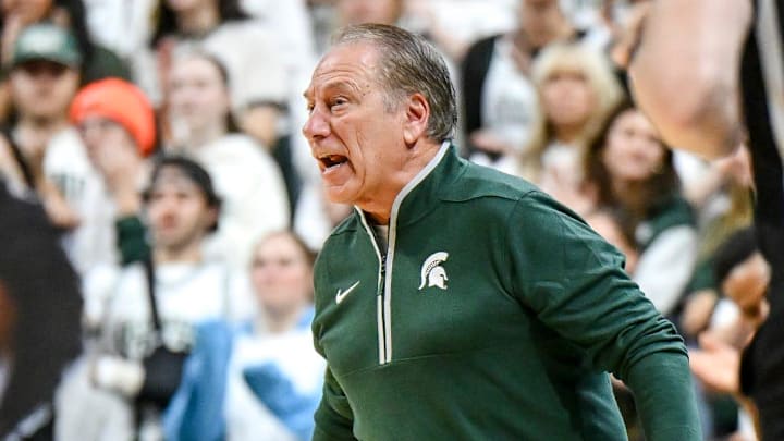 Michigan State's coach Tom Izzo calls out to players during the first half against Colgate on Monday, Nov. 3, 2025, at the Breslin Center in East Lansing.