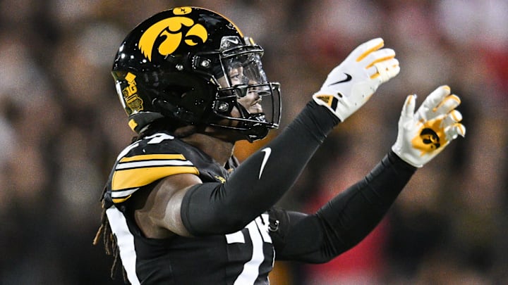 Nov 2, 2024; Iowa City, Iowa, USA; Iowa Hawkeyes defensive back Jermari Harris (27) reacts against the Wisconsin Badgers during the second quarter at Kinnick Stadium. Mandatory Credit: Jeffrey Becker-Imagn Images