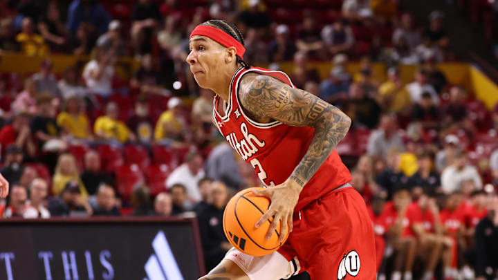 Feb 28, 2026; Tempe, Arizona, USA; Utah Utes guard Terrence Brown (2) against the Arizona State Sun Devils at Desert Financial Arena. Mandatory Credit: Mark J. Rebilas-Imagn Images