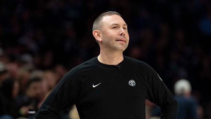 Apr 30, 2026; Minneapolis, Minnesota, USA; Denver Nuggets head coach David Adelman looks on against the Minnesota Timberwolves in the first half during game six of the first round of the 2026 NBA Playoffs at Target Center. Mandatory Credit: Jesse Johnson-Imagn Images
