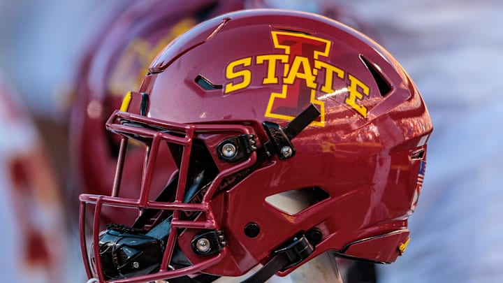 Nov 9, 2024; Kansas City, Missouri, USA; Iowa State Cyclones helmets on the bench during the first quarter against the Kansas Jayhawks at GEHA Field at Arrowhead Stadium. 