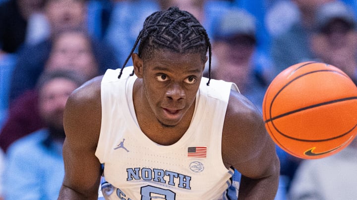 Nov 18, 2025; Chapel Hill, North Carolina, USA; North Carolina Tar Heels forward Caleb Wilson (8) brings the ball up court against the Navy Midshipmen during the second half at Dean E. Smith Center. Mandatory Credit: Scott Kinser-Imagn Images
