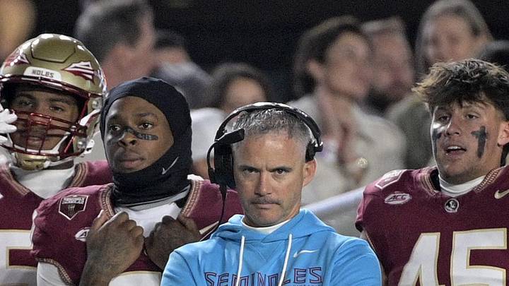 Nov 1, 2025; Tallahassee, Florida, USA; Florida State Seminoles head coach Mike Norvell during the first quarter against the Wake Forest Demon Deacons at Doak S. Campbell Stadium. Mandatory Credit: Melina Myers-Imagn Images