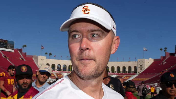 Sep 28, 2024; Los Angeles, California, USA; Southern California Trojans head coach Lincoln Riley reacts after a game against the Wisconsin Badgers at United Airlines Field at Los Angeles Memorial Coliseum. Mandatory Credit: Kirby Lee-Imagn Images Sep 28, 2024; Los Angeles, California, USA; Southern California Trojans head coach Lincoln Riley reacts after a game against the Wisconsin Badgers at United Airlines Field at Los Angeles Memorial Coliseum. Mandatory Credit: Kirby Lee-Imagn Images