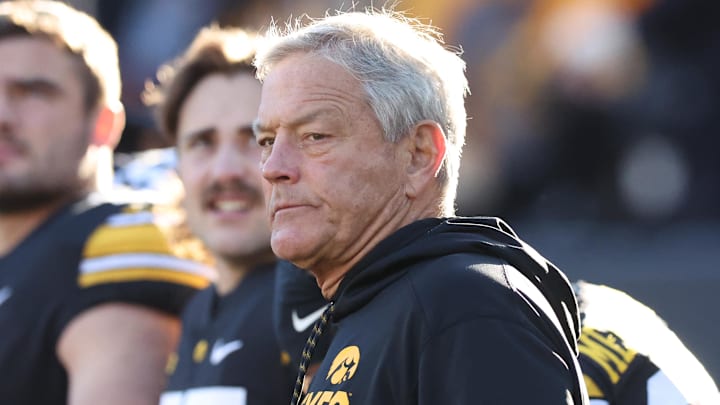 Nov 25, 2022; Iowa City, Iowa, USA; Iowa Hawkeyes head coach Kirk Ferentz watches his team play the Nebraska Cornhuskers at Kinnick Stadium. Mandatory Credit: Reese Strickland-Imagn Images