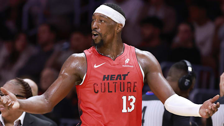 Dec 12, 2024; Miami, Florida, USA;  Miami Heat center Bam Adebayo (13) reacts against the Toronto Raptors during the second half at Kaseya Center. Mandatory Credit: Rhona Wise-Imagn Images