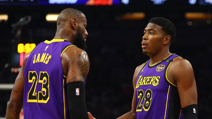 Oct 28, 2024; Phoenix, Arizona, USA; Los Angeles Lakers forward Rui Hachimura (28) with forward LeBron James (23) against the Phoenix Suns at Footprint Center. Mandatory Credit: Mark J. Rebilas-Imagn Images Oct 28, 2024; Phoenix, Arizona, USA; Los Angeles Lakers forward Rui Hachimura (28) with forward LeBron James (23) against the Phoenix Suns at Footprint Center. Mandatory Credit: Mark J. Rebilas-Imagn Images