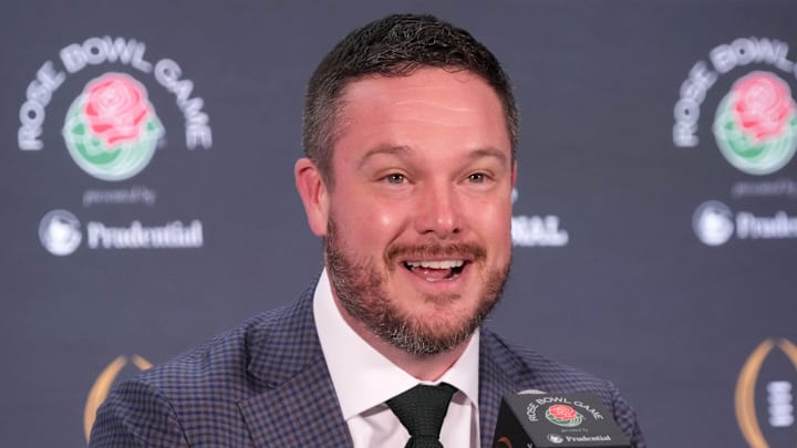 Dec 31, 2024; Los Angeles, California, USA; Oregon Ducks head coach Dan Lanning during the Rose Bowl head coaches press conference at Sheraton Grand LA. Mandatory Credit: Kirby Lee-Imagn Images