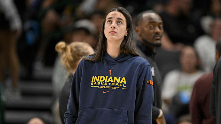Aug 1, 2025; Dallas, Texas, USA; Indiana Fever guard Caitlin Clark (22) during the game between the Dallas Wings and the Indiana Fever at the American Airlines Center. Mandatory Credit: Jerome Miron-Imagn Images