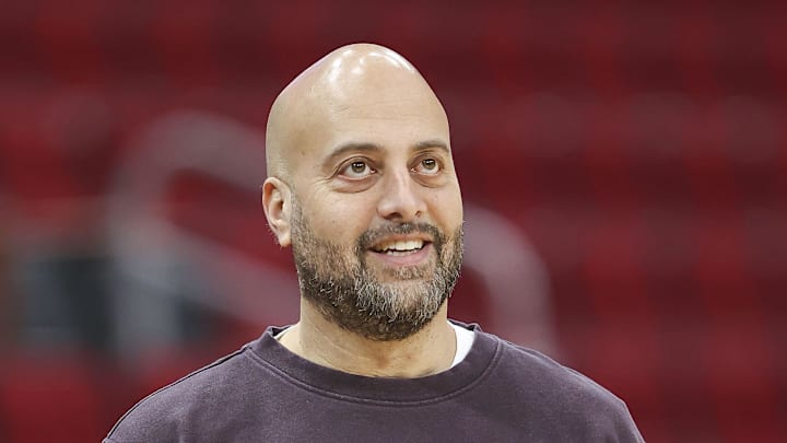 Jan 6, 2024; Houston, Texas, USA; Houston Rockets general manager Rafael Stone looks up on the court before the game against the Milwaukee Bucks at Toyota Center. Mandatory Credit: Troy Taormina-Imagn Images Jan 6, 2024; Houston, Texas, USA; Houston Rockets general manager Rafael Stone looks up on the court before the game against the Milwaukee Bucks at Toyota Center. Mandatory Credit: Troy Taormina-Imagn Images