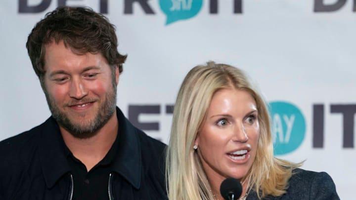 Matthew and Kelly Stafford make remarks before ribbon cutting for the Kelly and Matthew Stafford and Friends Education Center 