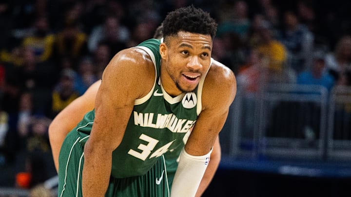 Milwaukee Bucks forward Giannis Antetokounmpo (34) reacts (Mandatory Credit: Trevor Ruszkowski-Imagn Images)