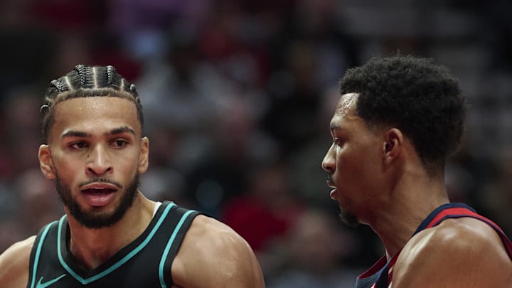 Portland Trail Blazers forward Toumani Camara drives to the basket against New Orleans Pelicans forward Trey Murphy III