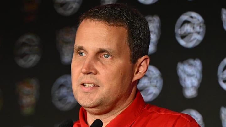Oct 8, 2025; Charlotte, NC, USA; NC State head coach Will Wade answers questions from the media at The Hilton Charlotte Uptown. Mandatory Credit: William Howard-Imagn Images