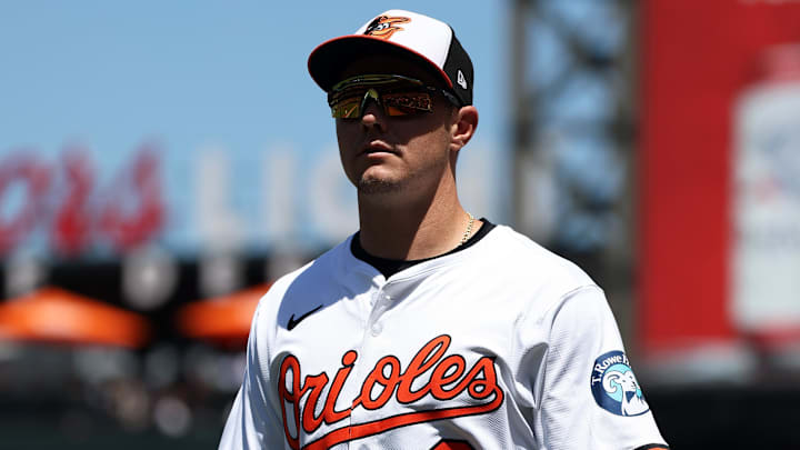 Aug 10, 2025; Baltimore, Maryland, USA; Baltimore Orioles first baseman Ryan Mountcastle (6) looks on before a game against the Athletics at Oriole Park at Camden Yards. Mandatory Credit: Daniel Kucin Jr.-Imagn Images