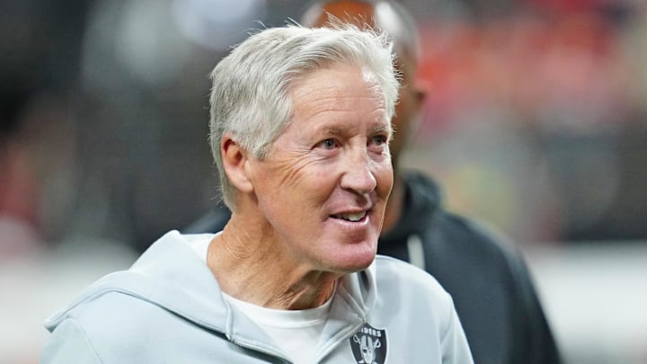 Former Las Vegas Raiders head coach Pete Carroll walks off the field