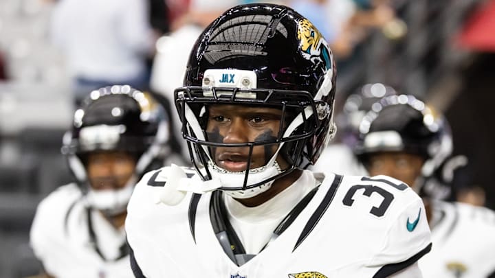 Nov 23, 2025; Glendale, Arizona, USA; Jacksonville Jaguars cornerback Montaric Brown (30) against the Arizona Cardinals at State Farm Stadium. 
