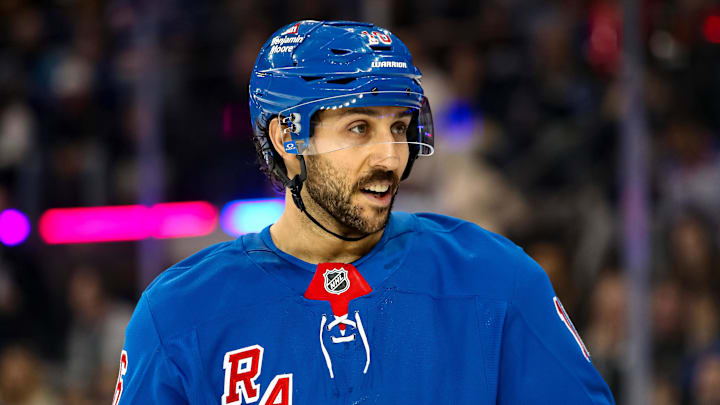 Mar 22, 2025; New York, New York, USA; New York Rangers center Vincent Trocheck (16) skates against the Vancouver Canucks during the second period at Madison Square Garden. Mandatory Credit: Danny Wild-Imagn Images