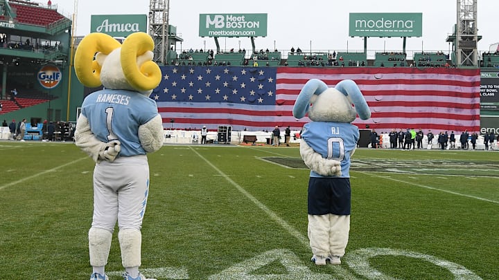 Dec 28, 2024; Boston, MA, USA; North Carolina Tar Heels mascots Rameses and RJ stand for the national anthem before a game against the Connecticut Huskies at Fenway Park. Mandatory Credit: Eric Canha-Imagn Images