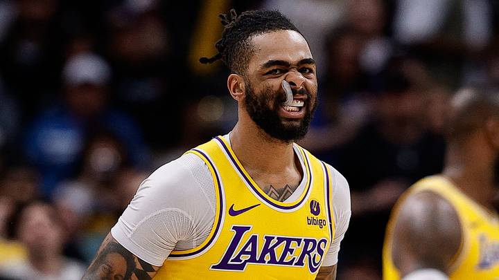Apr 29, 2024; Denver, Colorado, USA; Los Angeles Lakers guard D'Angelo Russell (1) reacts after a play in the third quarter against the Denver Nuggets during game five of the first round for the 2024 NBA playoffs at Ball Arena. Mandatory Credit: Isaiah J. Downing-USA TODAY Sports Apr 29, 2024; Denver, Colorado, USA; Los Angeles Lakers guard D'Angelo Russell (1) reacts after a play in the third quarter against the Denver Nuggets during game five of the first round for the 2024 NBA playoffs at Ball Arena. Mandatory Credit: Isaiah J. Downing-USA TODAY Sports