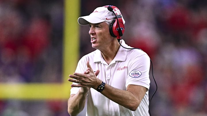 Houston Cougars head coach Willie Fritz reacts during the first half against the Louisiana State Tigers at NRG Stadium.