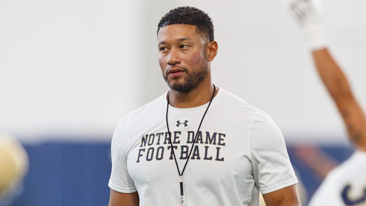 Notre Dame head coach Marcus Freeman during a football practice at Irish Athletic Center on Thursday, July 31, 2025, in South Bend.