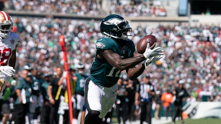 Sep 19, 2021; Philadelphia, Pennsylvania, USA; Philadelphia Eagles wide receiver Jalen Reagor (18) in action against the San Francisco 49ers at Lincoln Financial Field. Mandatory Credit: Bill Streicher-Imagn Images