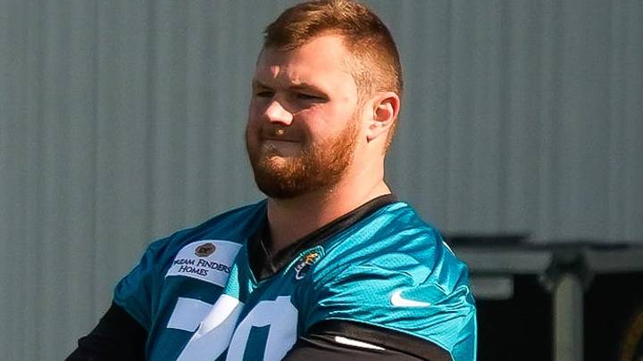 Jacksonville Jaguars offensive tackle Cole van Lanen (70) stretches during the Jaguars final Organized Team Activity on Monday, June 15, 2026 at the Miller Electric Center in Jacksonville, Fla. [Doug Engle/Florida Times-Union]