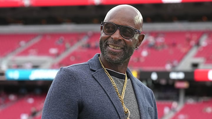 Sep 28, 2025; Santa Clara, California, USA; San Francisco 49ers former wide receiver Jerry Rice before the game against the Jacksonville Jaguars at Levi's Stadium. Mandatory Credit: Darren Yamashita-Imagn Images