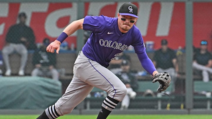 Apr 24, 2025; Kansas City, Missouri, USA;  Colorado Rockies shortstop Aaron Schunk (30) moves after a ground ball in the second inning against the Kansas City Royals at Kauffman Stadium. Mandatory Credit: Peter Aiken-Imagn Images