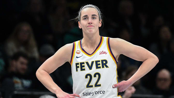 Apr 25, 2026; Brooklyn, NY, USA; Indiana Fever guard Caitlin Clark (22) reacts during the first half against the New York Liberty at Barclays Center. Mandatory Credit: John Jones-Imagn Images
