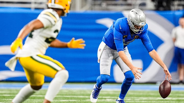 Detroit Lions quarterback Jared Goff (16) fumbles the ball against Green Bay Packers during the second half at Ford Field