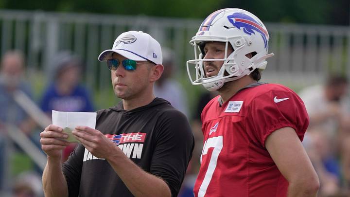 Bills quarterback coach Bo Hardegree talks about a play with Josh Allen at Buffalo Bills Training Camp at St. John Fisher University in Pittsford on Aug. 6, 2026.