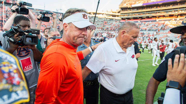Auburn Tigers head coach Hugh Freeze and Arkansas Razorbacks head coach Sam Pittman met after the Razorbacks' 24-14 win. Auburn Tigers head coach Hugh Freeze and Arkansas Razorbacks head coach Sam Pittman met after the Razorbacks' 24-14 win.