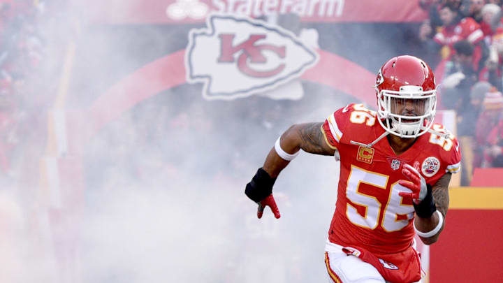 Jan 6, 2018; Kansas City, MO, USA; Kansas City Chiefs inside linebacker Derrick Johnson (56) enters the field during player introductions before the game against the Tennessee Titans in the AFC Wild Card playoff football game at Arrowhead stadium. Mandatory Credit: Denny Medley-Imagn Images