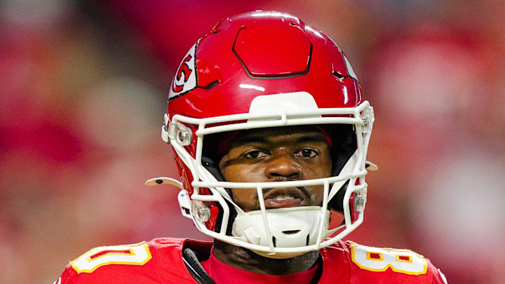 Oct 12, 2025; Kansas City, Missouri, USA; Kansas City Chiefs wide receiver Tyquan Thornton (80) warms up prior to a game against the Detroit Lions at GEHA Field at Arrowhead Stadium. Mandatory Credit: Jay Biggerstaff-Imagn Images