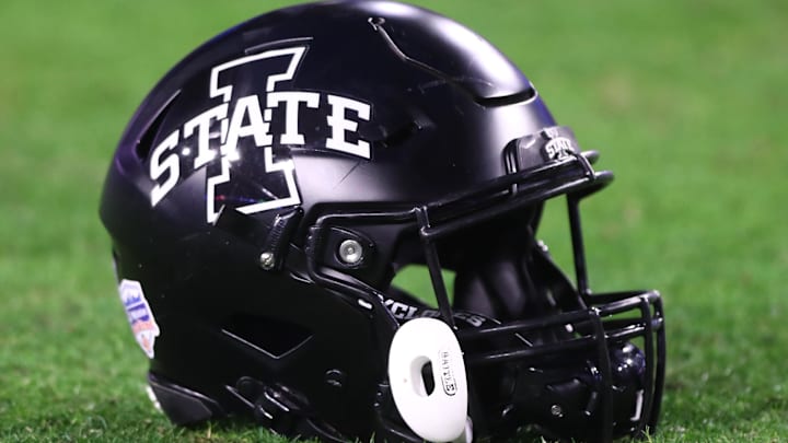 Jan 2, 2021; Glendale, AZ, USA; Detailed view of an Iowa State Cyclones helmet during the Fiesta Bowl at State Farm Stadium.