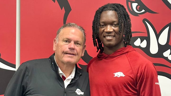 Benton, La., 2027 quarterback Malachi Zeigler meets with Arkansas Razorbacks coach Sam Pittman during his unofficial visit to Arkansas on April 19.