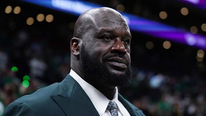 Jun 6, 2024; Boston, Massachusetts, USA; Shaquille O'Neal looks on before the game between the Boston Celtics and the Dallas Mavericks in game one of the 2024 NBA Finals at TD Garden. Mandatory Credit: David Butler II-Imagn Images