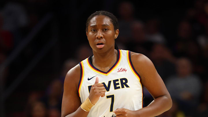 Aug 7, 2025; Phoenix, Arizona, USA; Indiana Fever forward Aliyah Boston (7) against the Phoenix Mercury during an WNBA game at PHX Arena. Mandatory Credit: Mark J. Rebilas-Imagn Images