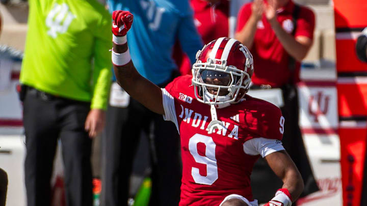 Indiana's Jamier Johnson (9) celebrates a third down stop during the Indiana versus Charlotte football game at Memorial Stadium on Saturday, Sept. 21, 2024.