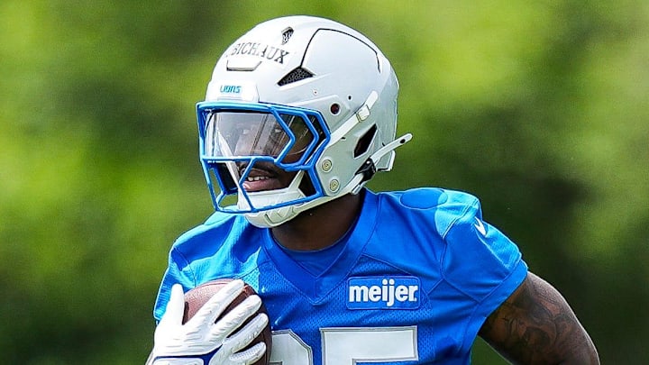 Detroit Lions running back Kye Robichaux (25) practices during OTA at team's Performance Center in Allen Park