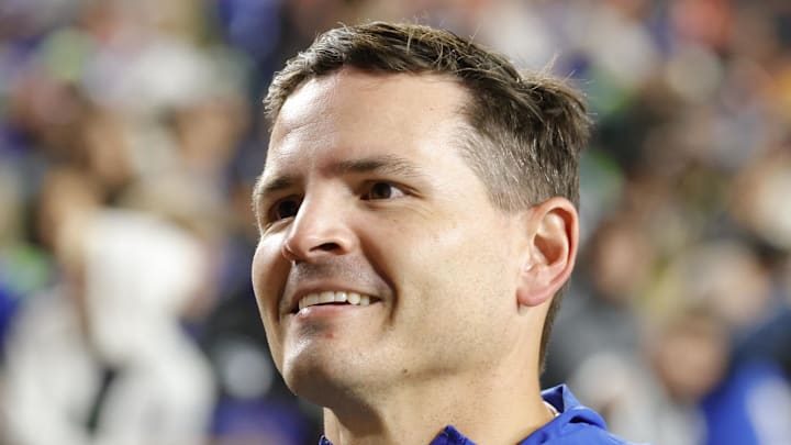 Seattle Seahawks head coach Mike Macdonald reacts to the win against the Washington Commanders.