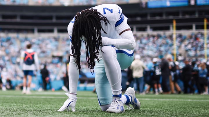 Dallas Cowboys cornerback Trevon Diggs kneels before the start of the game against the Carolina Panthers. Dallas Cowboys cornerback Trevon Diggs kneels before the start of the game against the Carolina Panthers.