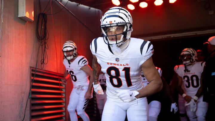 Cincinnati Bengals wide receiver Jermaine Burton (81) runs onto the field before the NFL game against the Philadelphia Eagles at Paycor Stadium in Cincinnati on Sunday, Oct. 27, 2024.