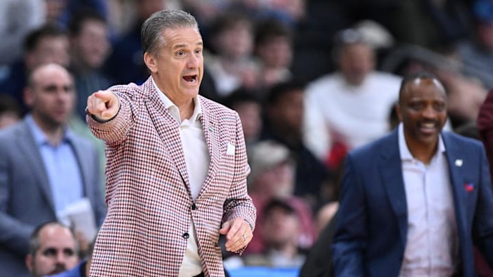 Mar 22, 2025; Providence, RI, USA; Arkansas Razorbacks head coach John Calipari during the first half of a second round men’s NCAA Tournament game against the St. John's Red Storm at Amica Mutual Pavilion. Mandatory Credit: Brian Fluharty-Imagn Images
