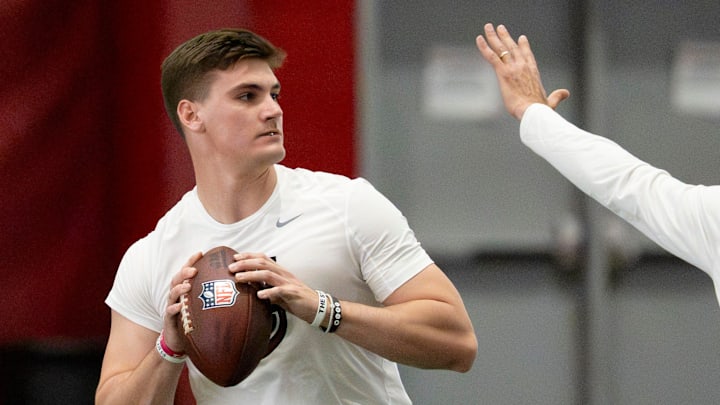 March 25, 2026; Tuscaloosa, AL, USA; Quarterback Ty Simpson throws during Pro Day in the Hank Crisp Indoor Practice Facility at the University of Alabama.