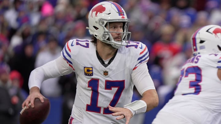 Buffalo Bills quarterback Josh Allen waits for someone to get open during second half action against the Tampa Bay Buccaneers